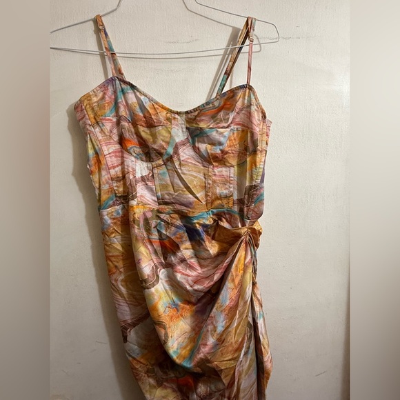 PLT Multi Marble Satin Ruched‎ Skirt Corset Midi Dress Size 12 - Picture 3 of 8